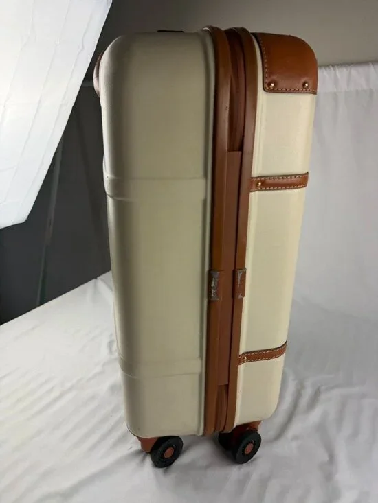 BRICS BELLAGIO 21” Suitcases Cream Tan Rolling Suitcase Trunk Leather Trim - Picture 3 of 16